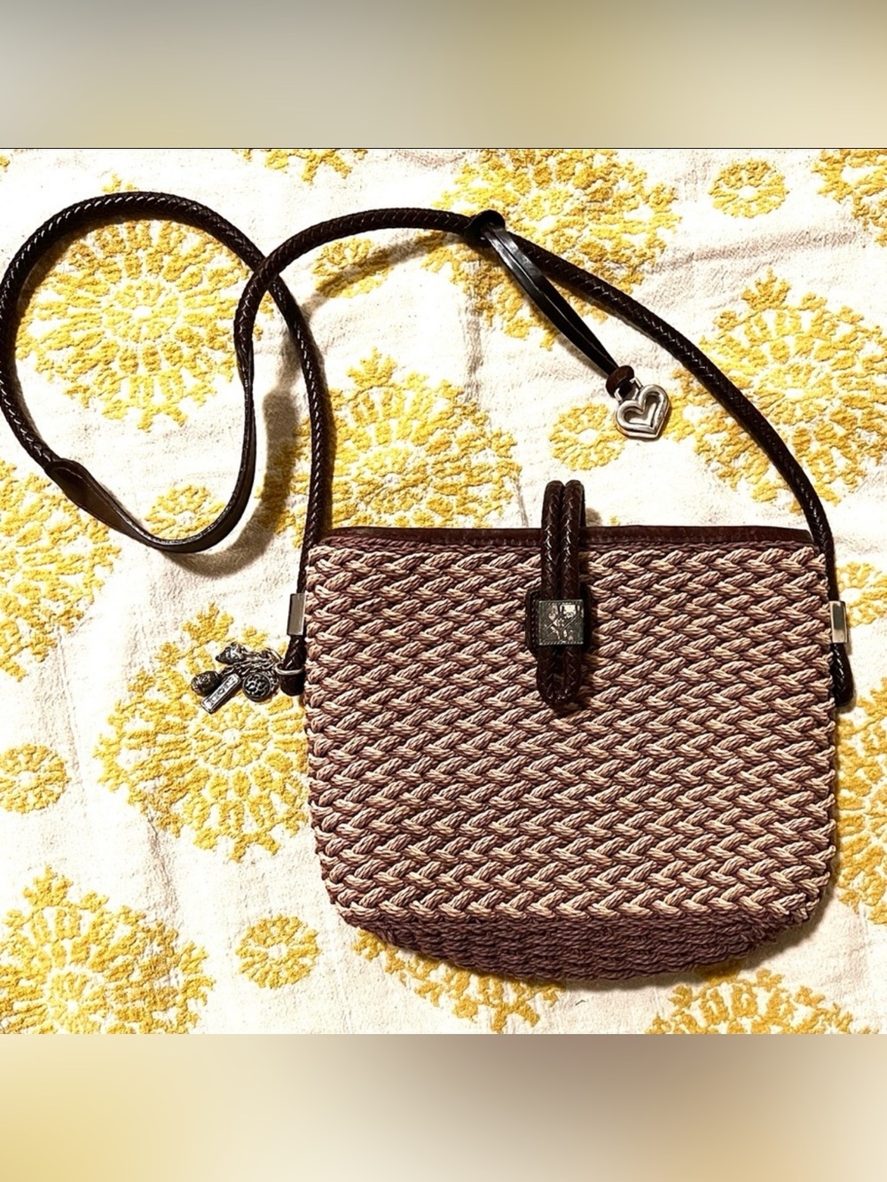 Brighton Straw Crossbody Bag Woven 2tone Brown Tan Braided Leather Strap
